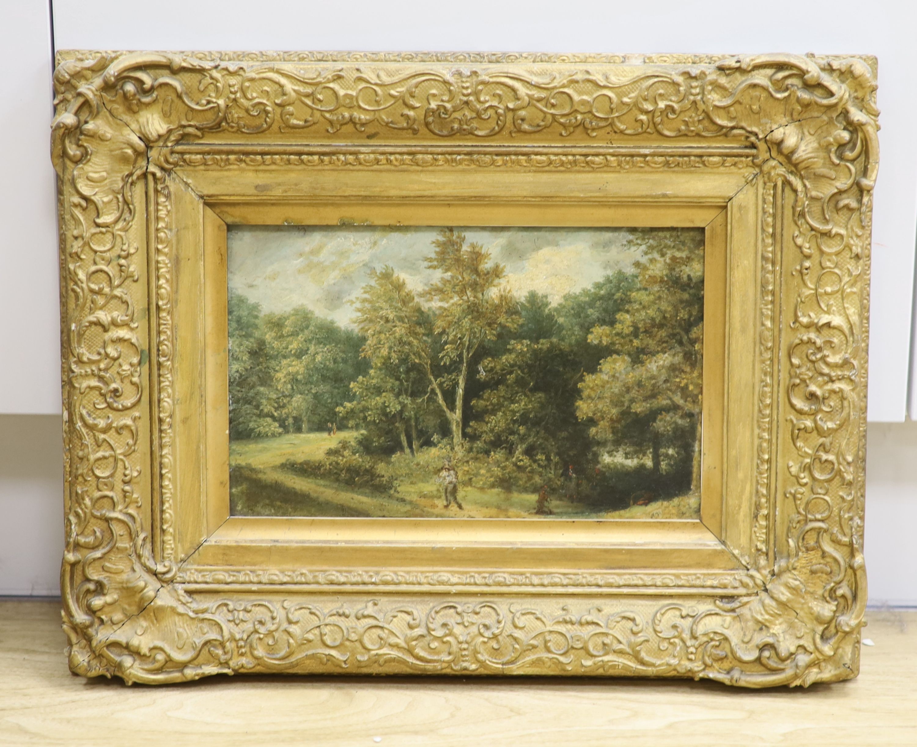 Attributed to T. Middleton, oil on board, Figures in woodland, 17 x 27cm